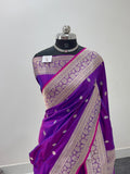Handwoven pure katan silk saree with interlock weaving motifs in intricate silver and gold zari with Rani Edge in Deep Violet colour