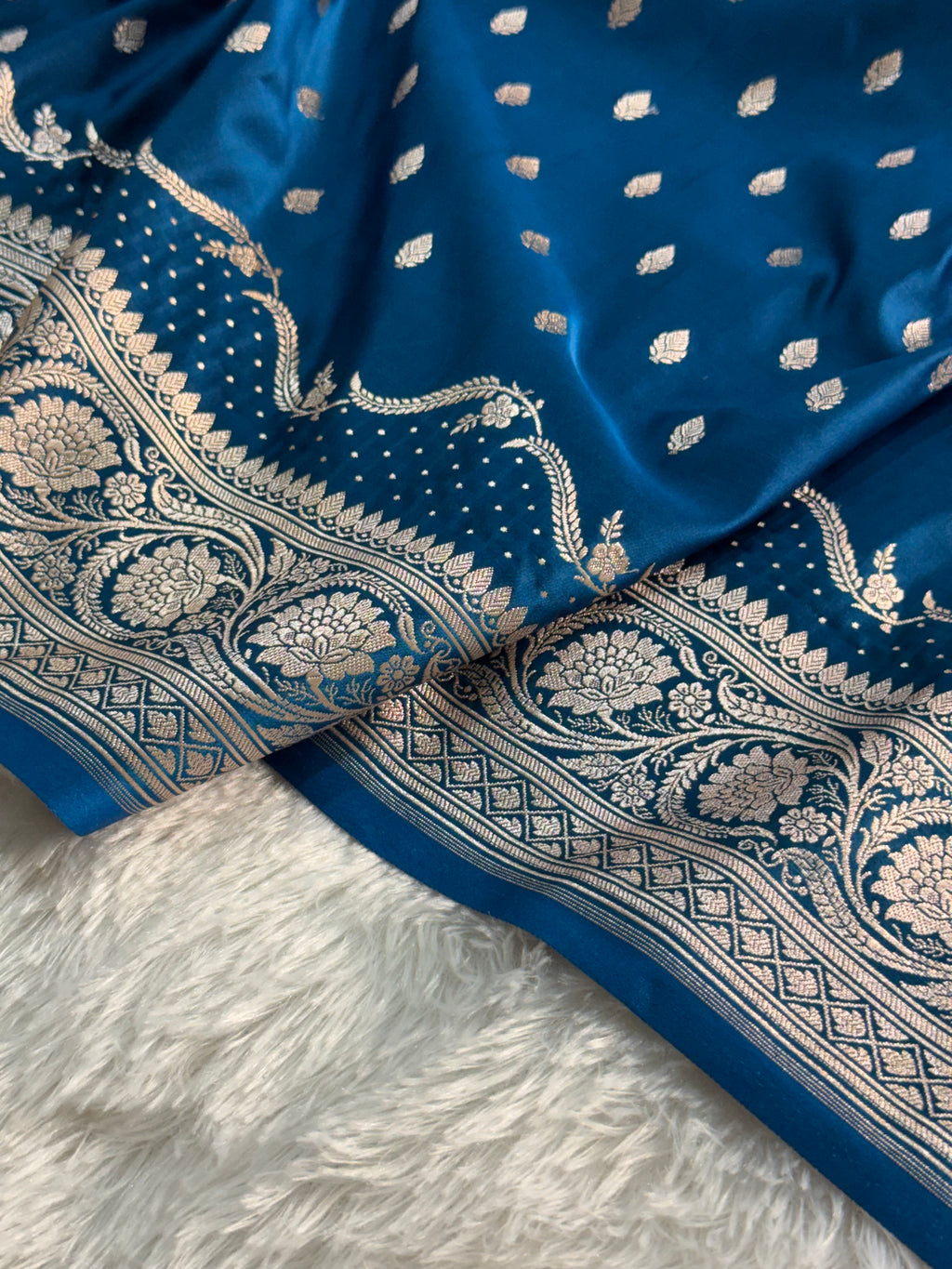 Banarasi Mashru Silk Saree In Royal Blue Color with Laharya Border Design