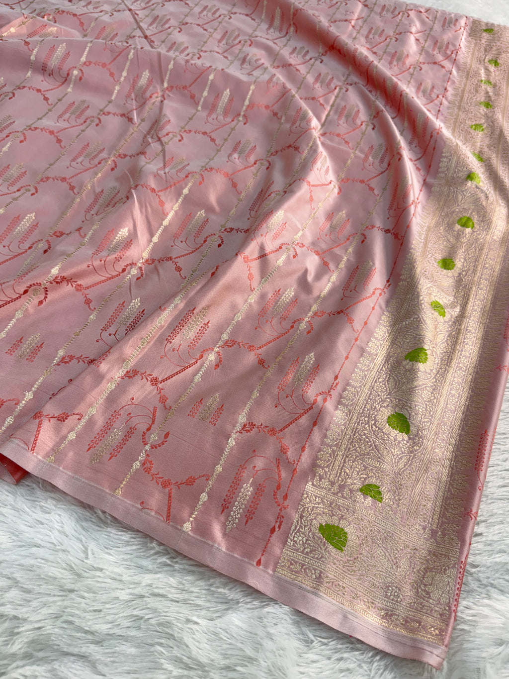 Banarasi Mashru Silk Saree Intricate Meenakari Jaal Design in Light Pink color