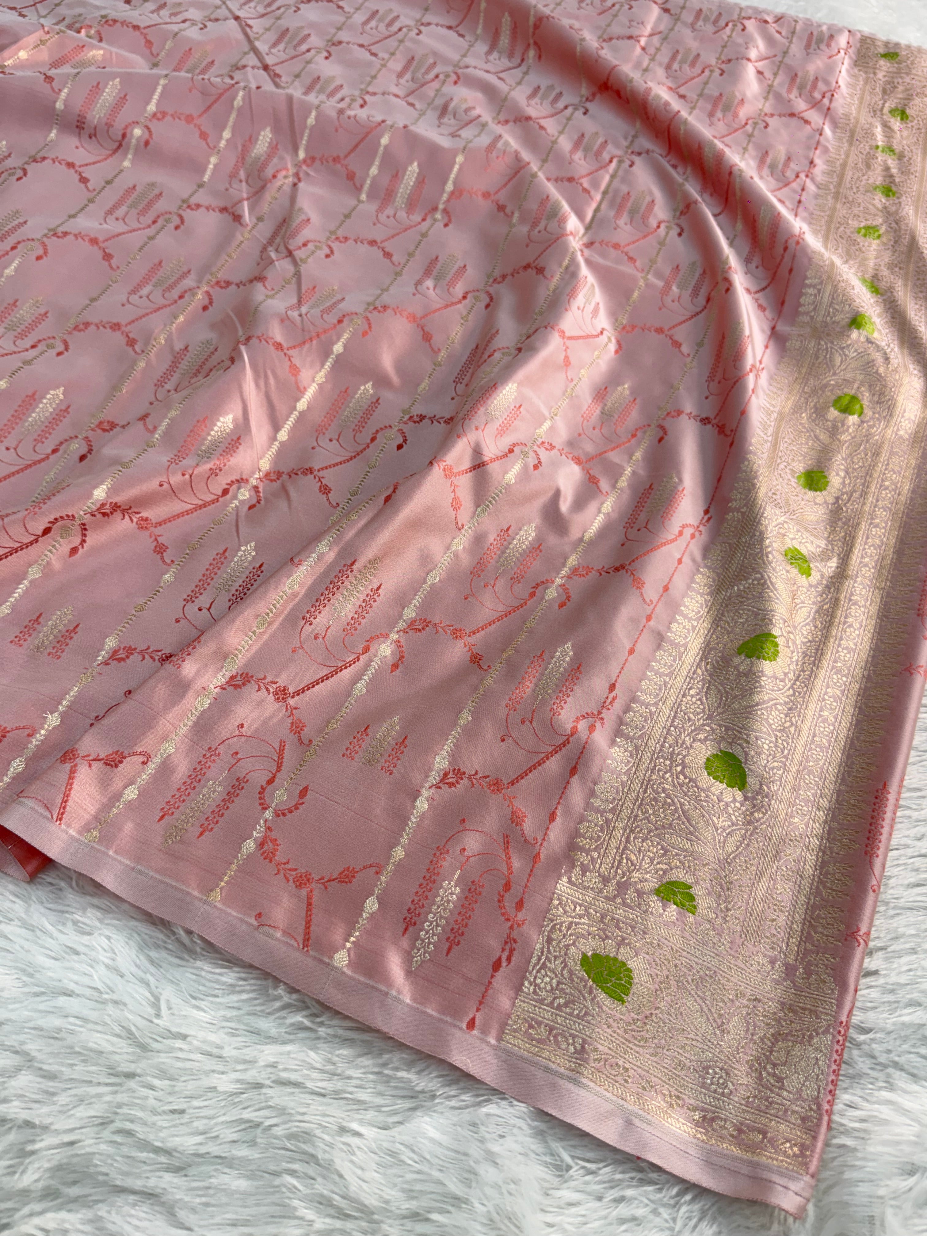 Banarasi Mashru Silk Saree Intricate Meenakari Jaal Design in Light Pink color