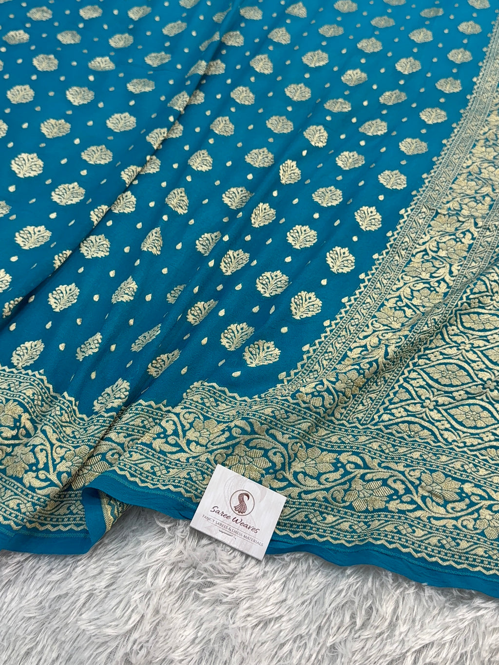 Banarasi Pure Khaddi Chiffon Saree in Buta and Buti Design in Peacock Blue Colour
