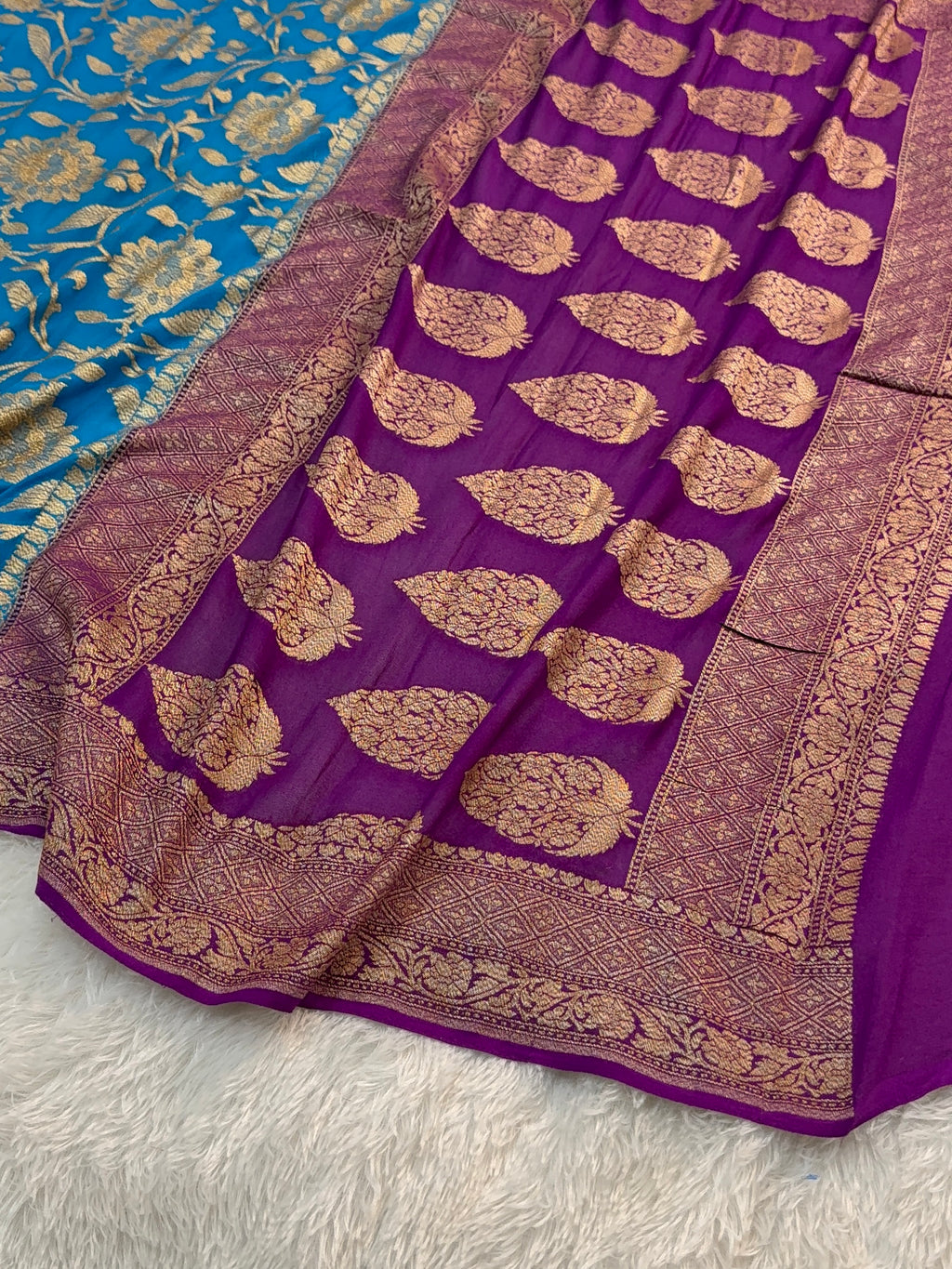 Banarasi Pure Khaddi Chiffon Saree  with Antique Zari Work In Floral Jaal Design in Peacock Blue Colour