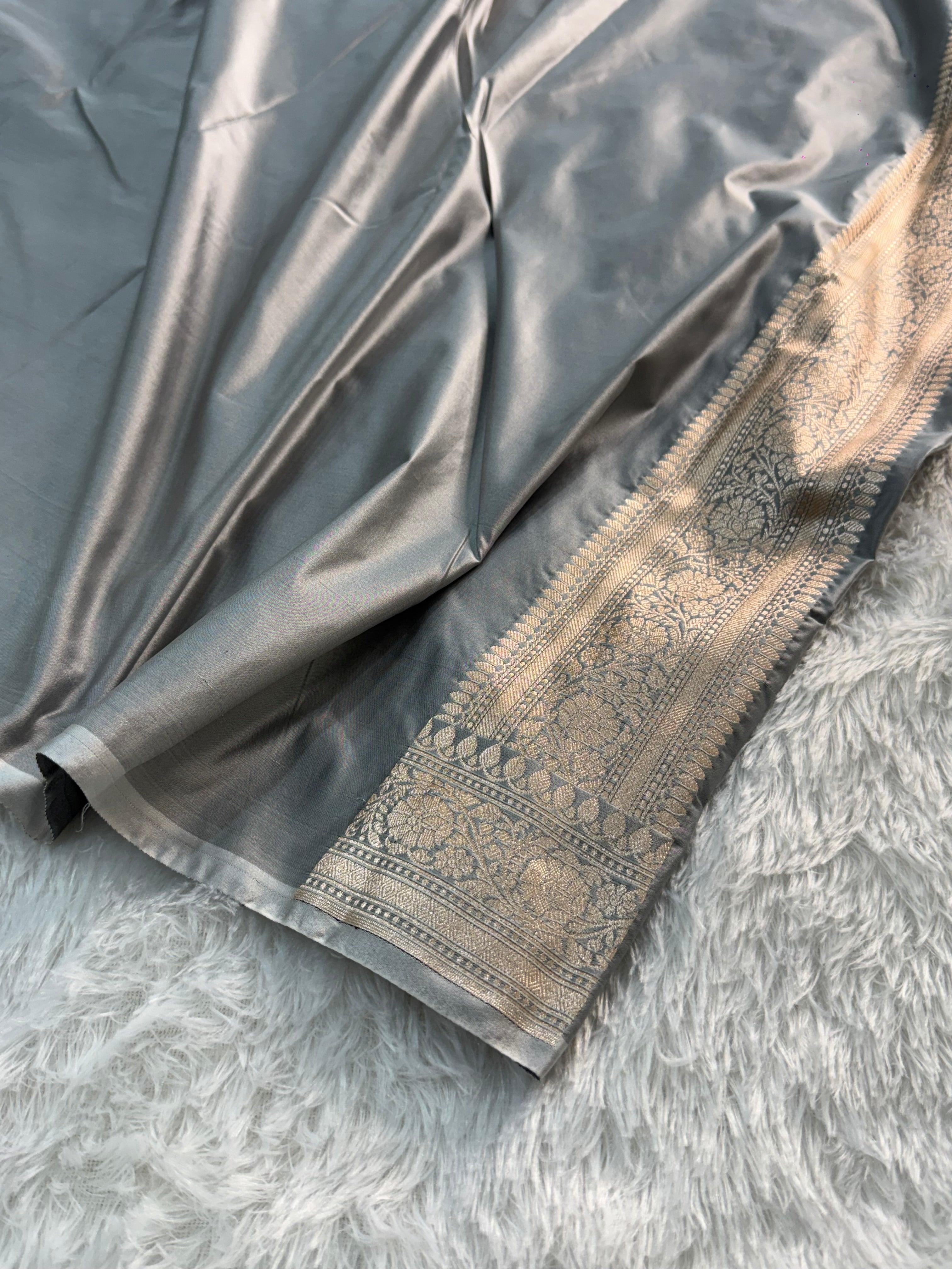 Banarasi Mashru Silk Saree Intricate Buti Design in Light Grey Colour