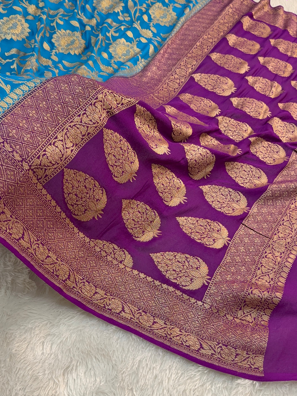 Banarasi Pure Khaddi Chiffon Saree  with Antique Zari Work In Floral Jaal Design in Peacock Blue Colour