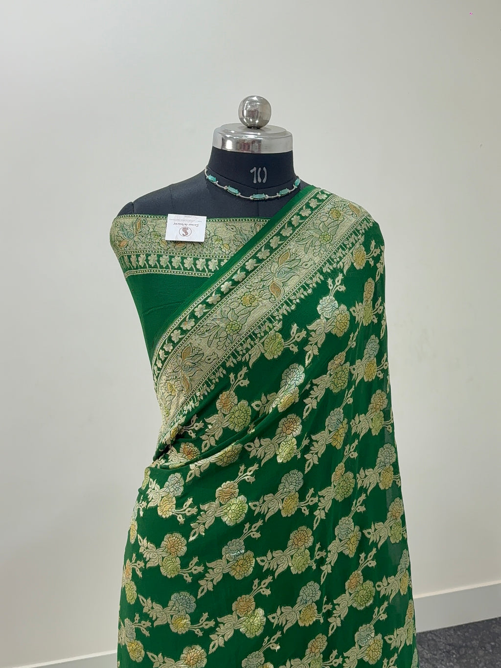 Banarasi Pure Khaddi Chiffon Saree  with Light Gold Zari Work In Floral Jaal Design with Meenakari by Handbrush in Dark Green Colour