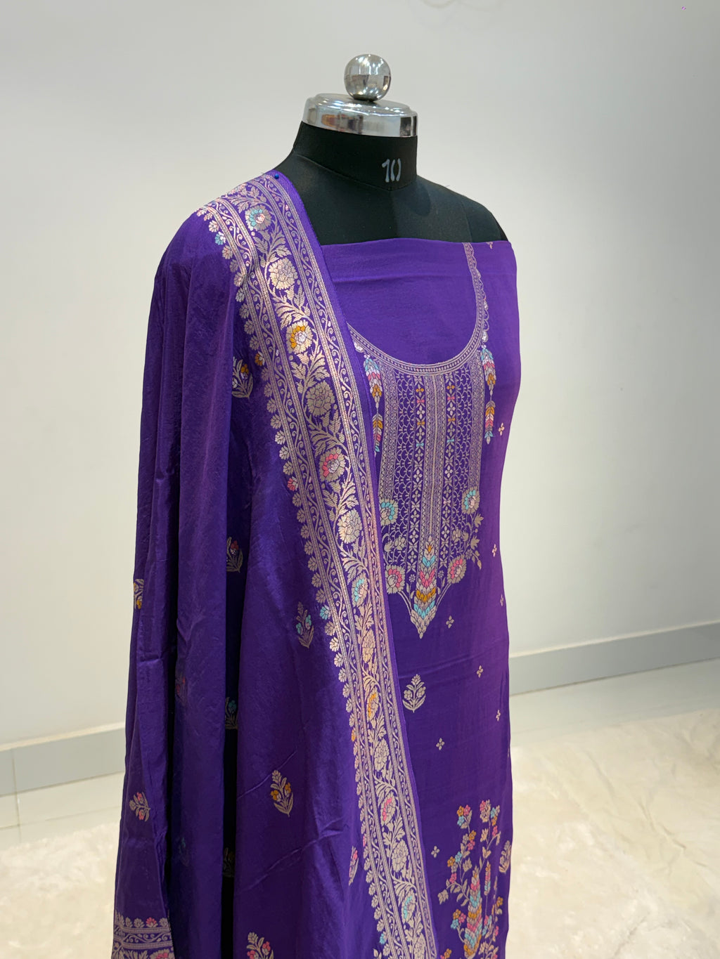 Pure Viscose Meenakari 3 piece Suit with Zari Work with Heavy Dupatta in Deep Violet color
