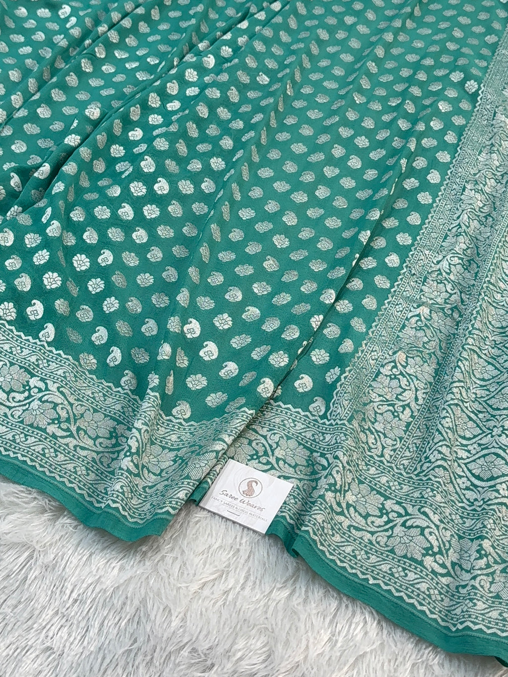 Banarasi Pure Khaddi Chiffon Saree in Border And Buti Design in Sea Green Colour