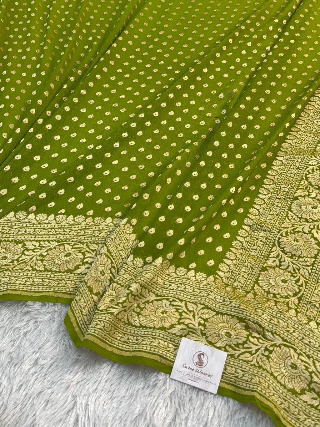 Banarasi Pure Khaddi Chiffon Saree in Border and Buti Design in Mango Green Colour