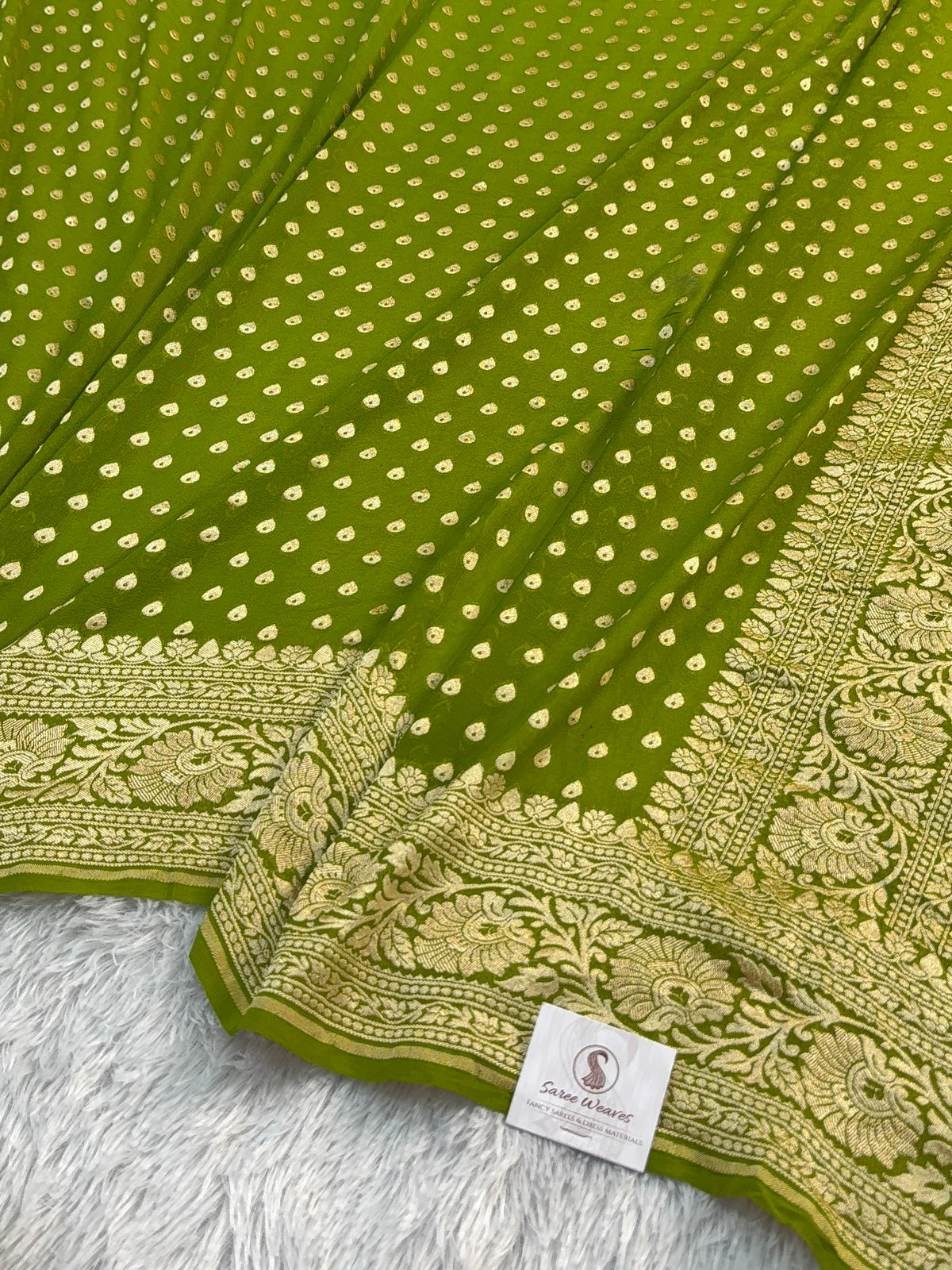 Banarasi Pure Khaddi Chiffon Saree in Border and Buti Design in Mango Green Colour