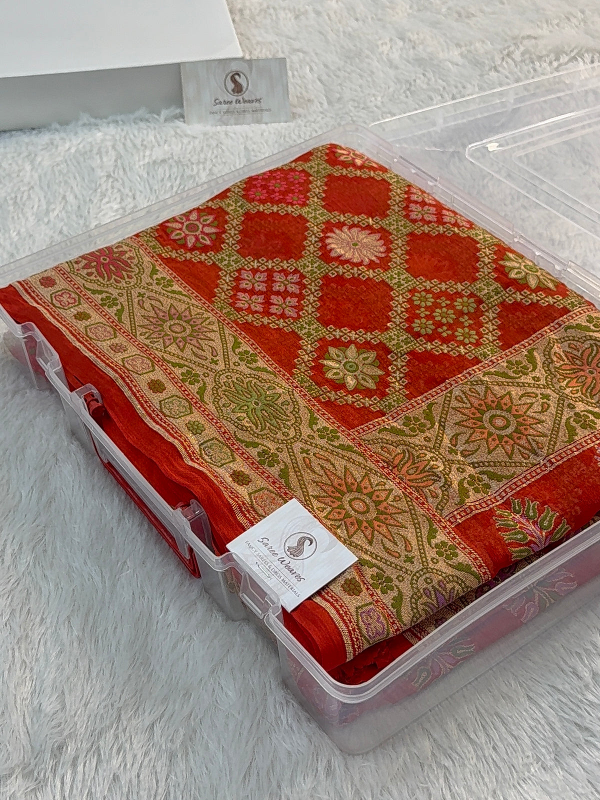 Banarasi Pure Khaddi Chiffon Saree with Meenakari Geometrical Jaal Design in Orange Colour