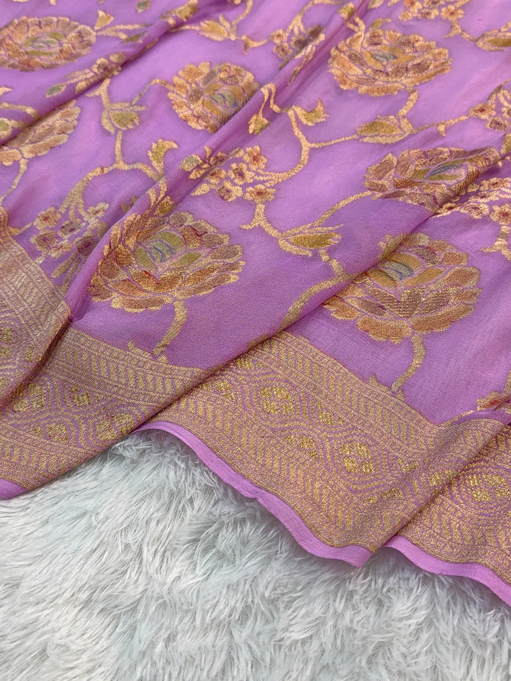 Banarasi Pure Khaddi Chiffon Saree  with Light Gold Zari Work In Floral Jaal Design with Meenakari by handbrush in Rusty Lavender Colour
