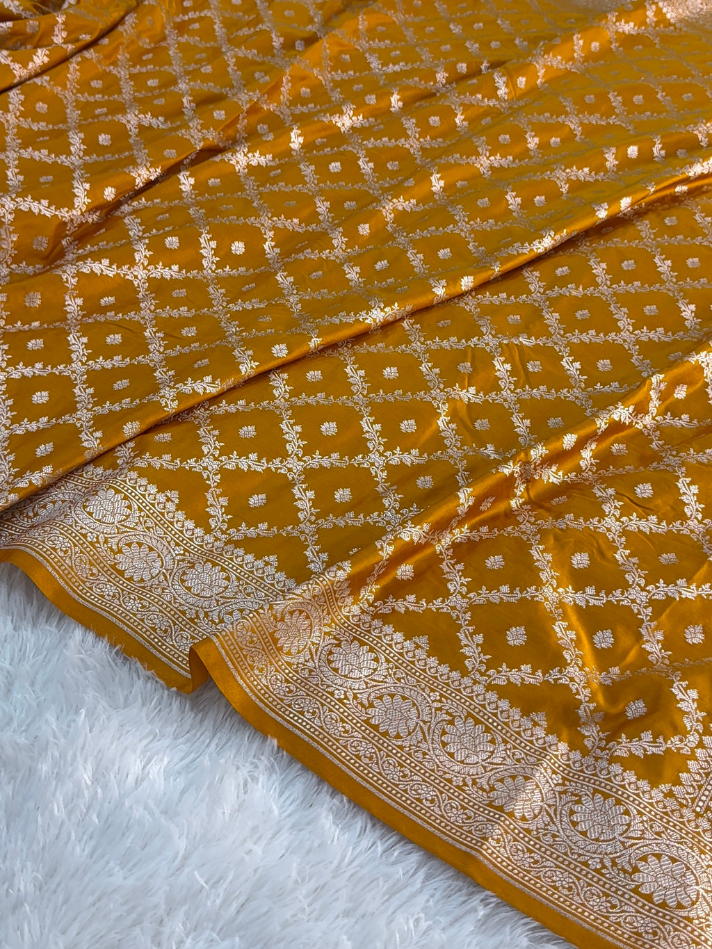 Banarasi mashru silk saree in chokdi jaal design in dark Yellow color