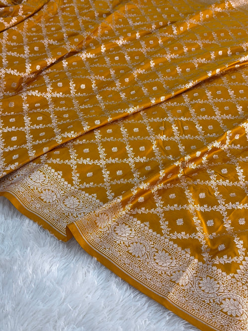 Banarasi mashru silk saree in chokdi jaal design in dark Yellow color