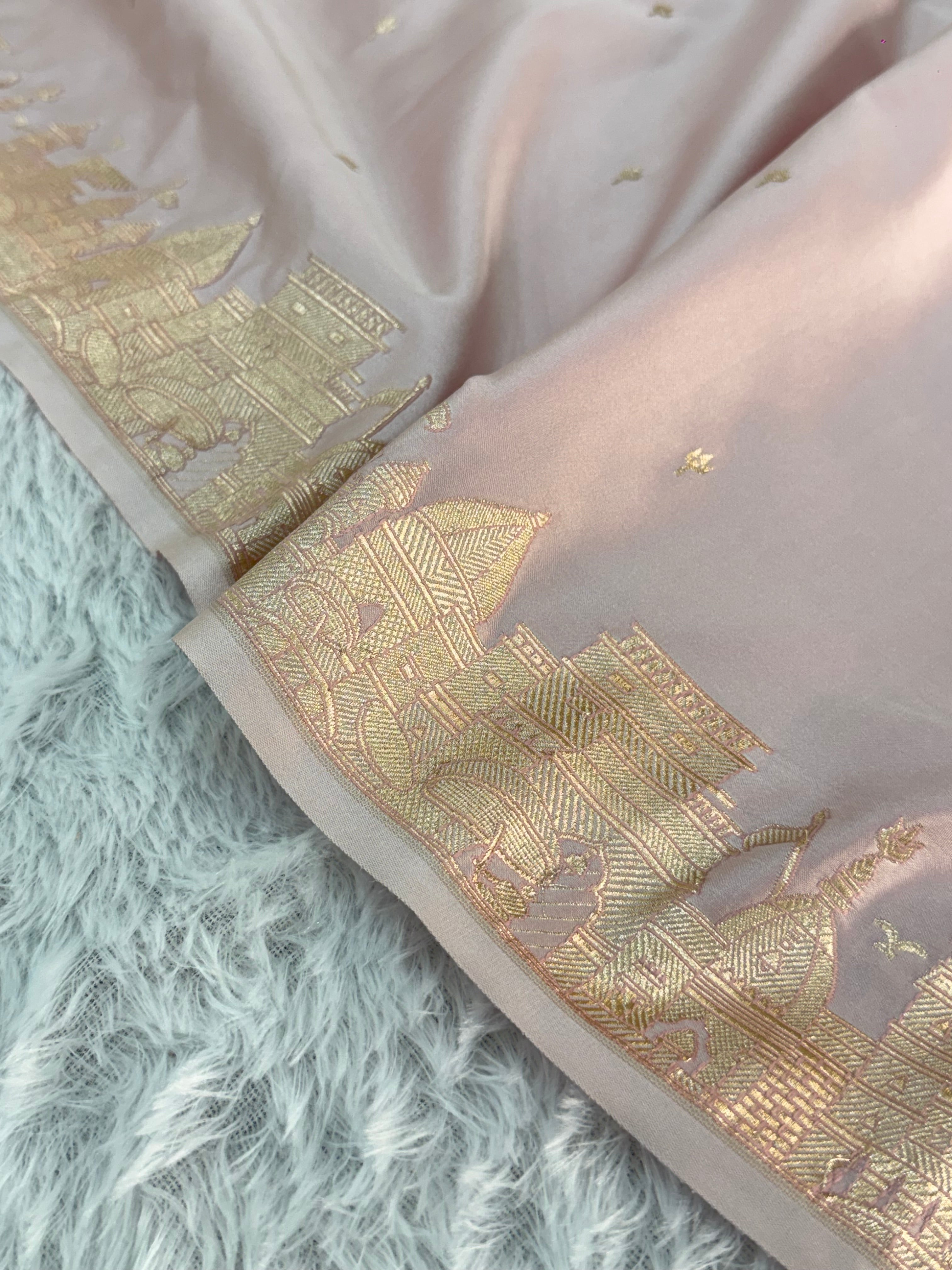 Mashru katan Silk Saree With Kashi Ghat Border Buti Design In Light Pink Colour