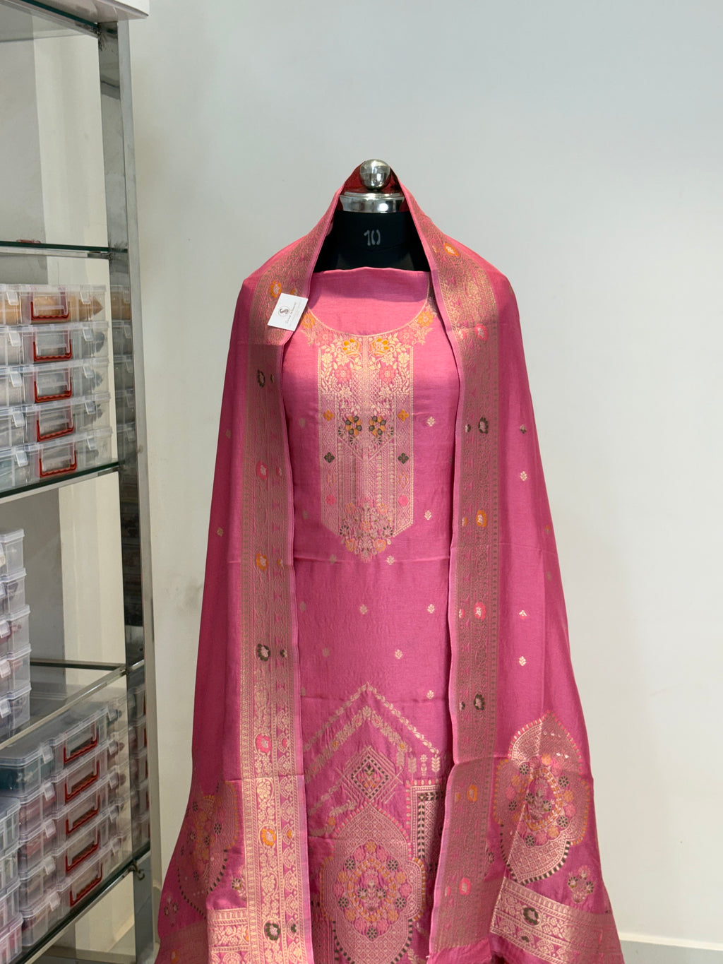 Pure Viscose Meenakari 3 piece Suit with Zari Work with Heavy Dupatta in Rusty pink color