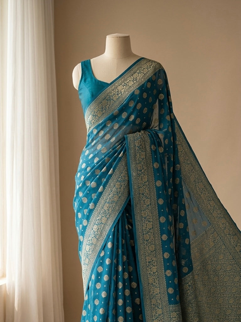 Banarasi Pure Khaddi Chiffon Saree in Buta and Buti Design in Peacock Blue Colour