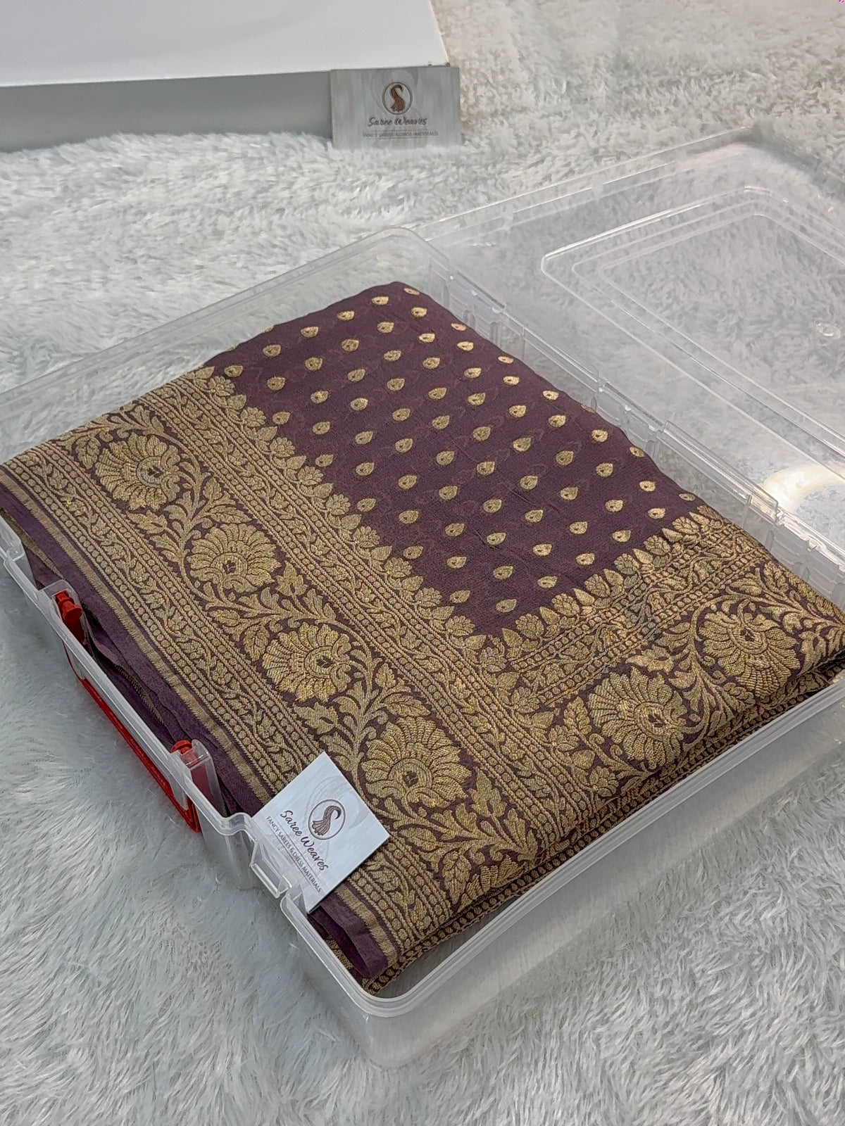 Banarasi Pure Khaddi Chiffon Saree in Border and Buti Design in Deep Purple Colour