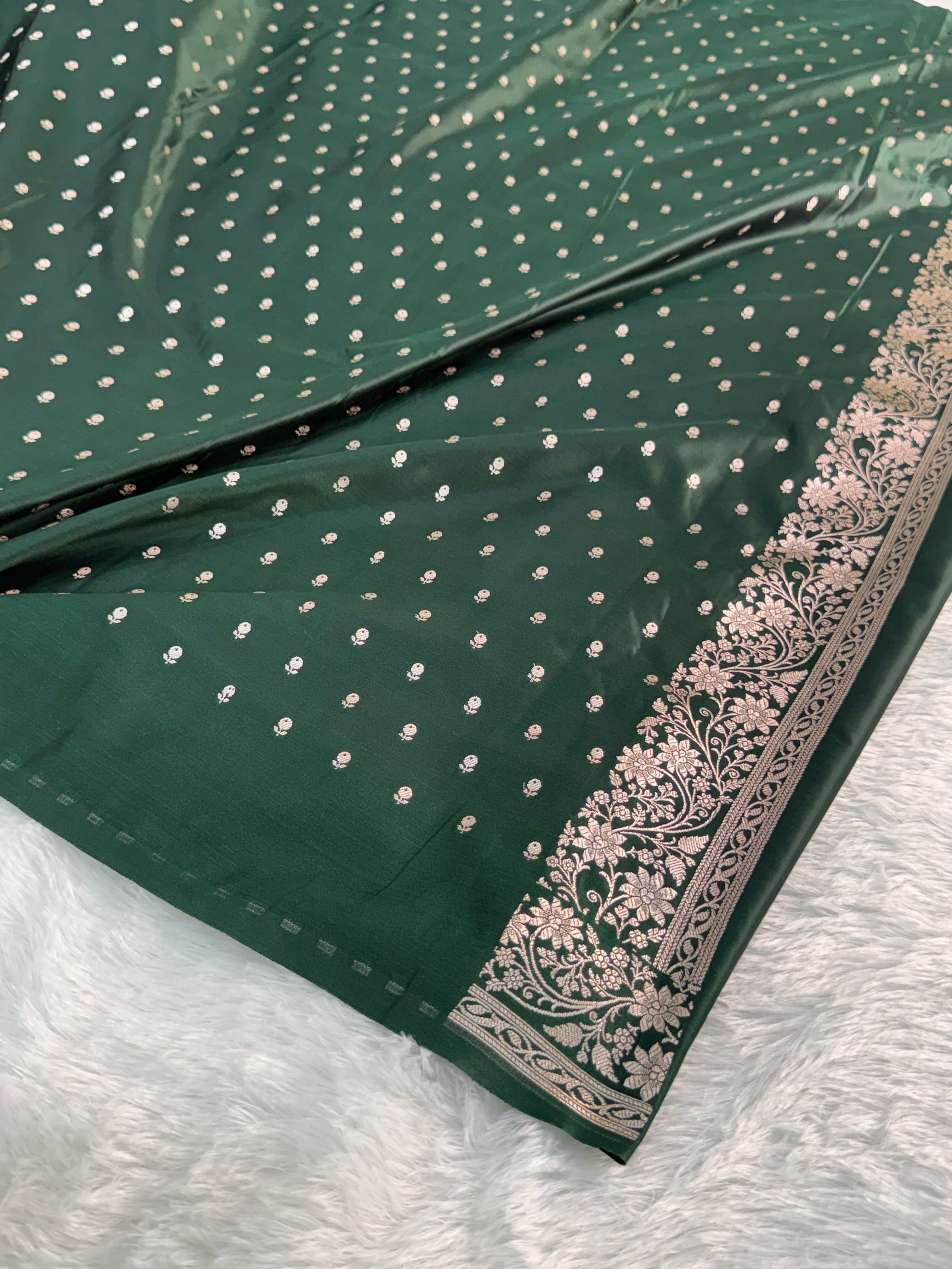 Mashru Silk Banarasi Border Buti Saree in Bottle Green color