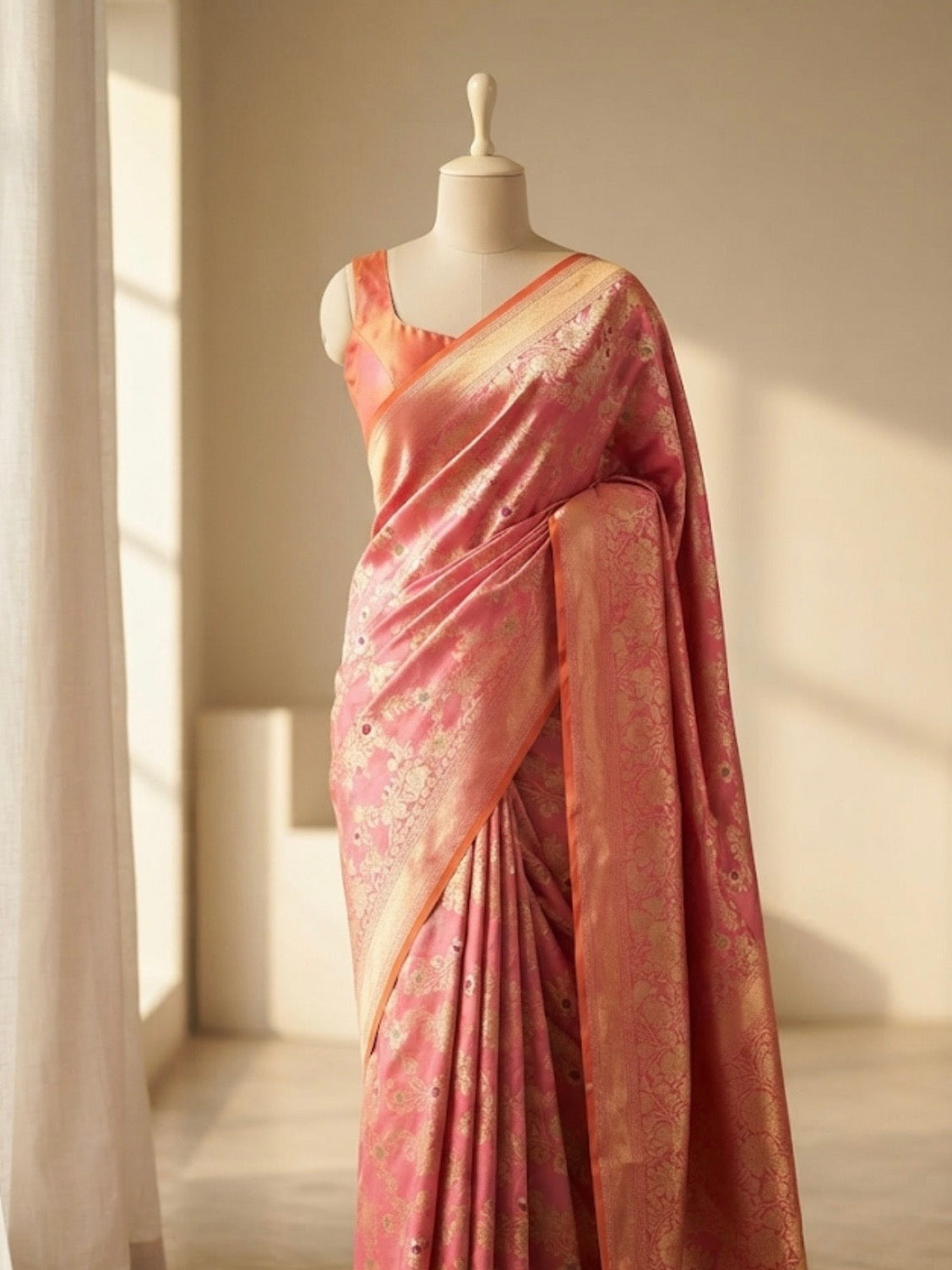 Banarasi pure katan silk saree with meenakari jaal design in dual shade of Light Pink and Peach color