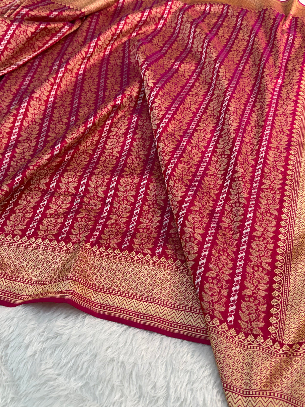 Banarasi Pure Katan Silk Saree Handloom Woven With Silver and Gold Zari Work In Vertical Floral Jaal Design Pattern In Deep Red Color