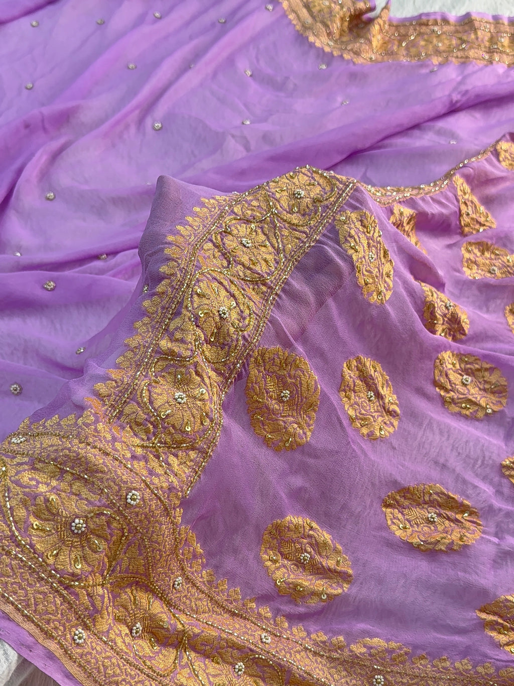 Banarasi Pure Khaddi Shiffon Saree with Zardozi Handwork all over in Lavender Colour