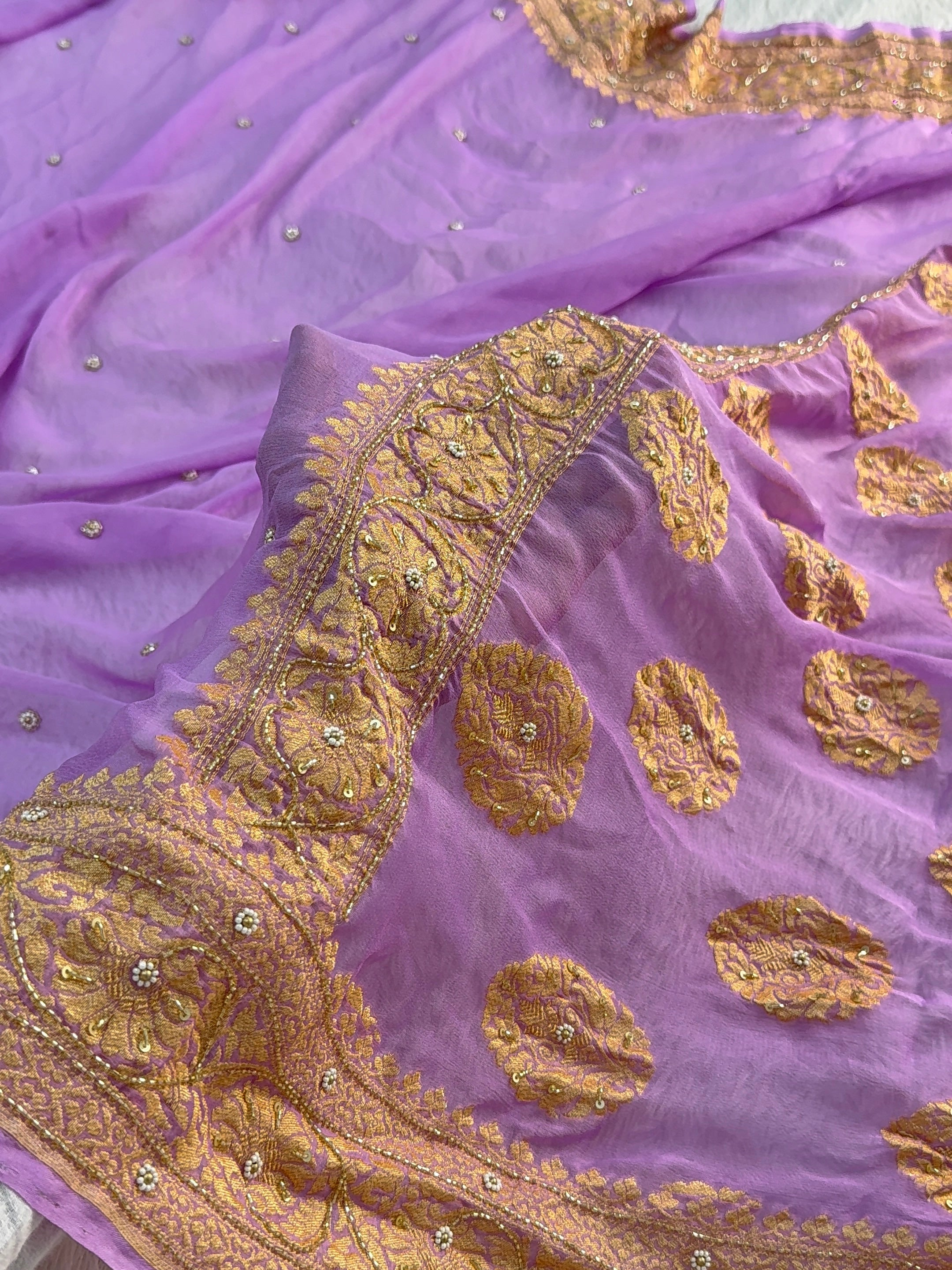 Banarasi Pure Khaddi Shiffon Saree with Zardozi Handwork all over in Lavender Colour
