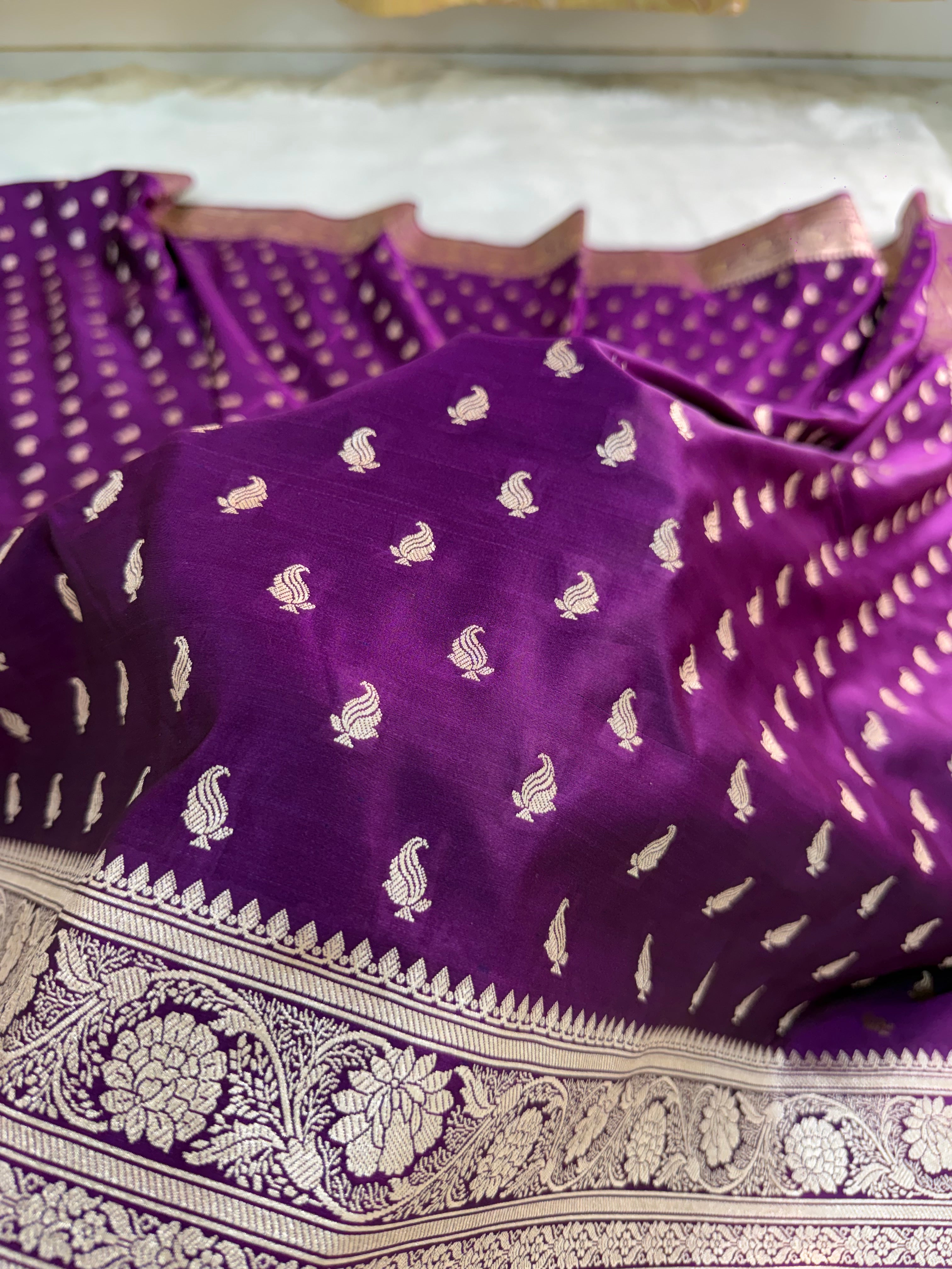 Banarasi Mashru Silk Saree Intricate Buti Design in majenta color