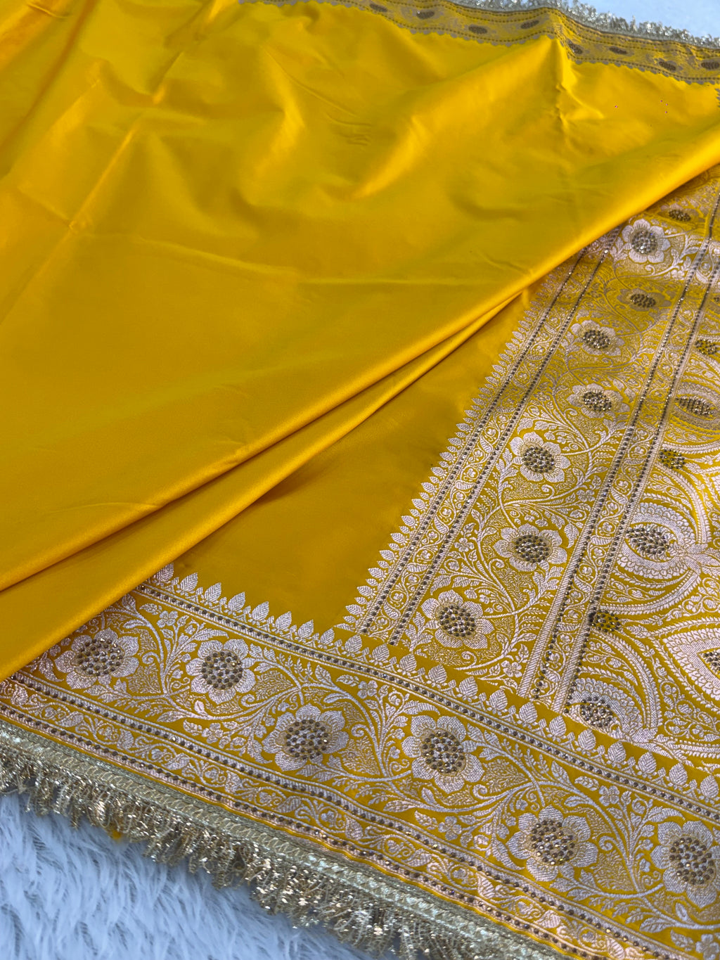 Bridal Banarasi Mashru Silk Saree with Stone Work In Border And Pallu, In Yellow Color