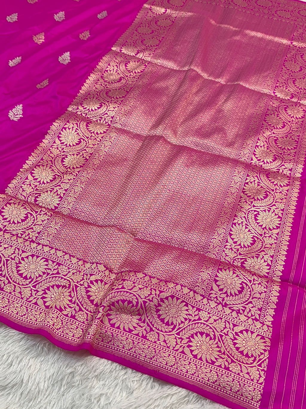 Handwoven pure katan silk saree with interlock weaving motifs with intricate silver and gold zari in a Rani Pink colour