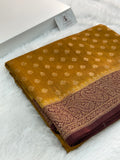 Banarasi Pure Monga Silk saree in contrast mustard and maroon color combination