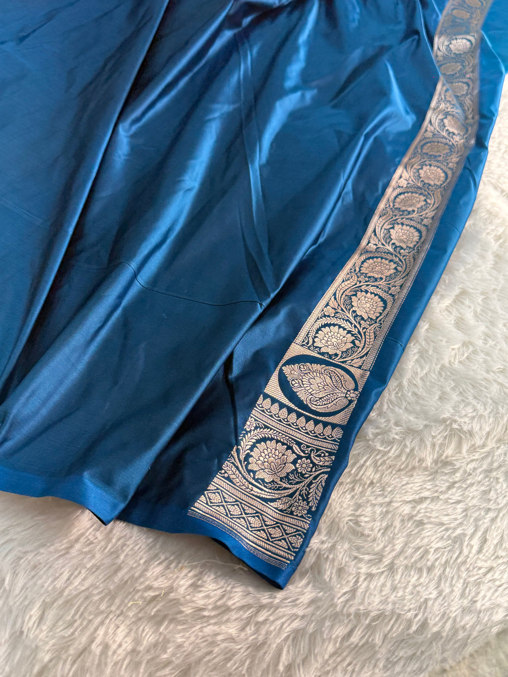 Banarasi Mashru Silk Saree In Royal Blue Color with Laharya Border Design