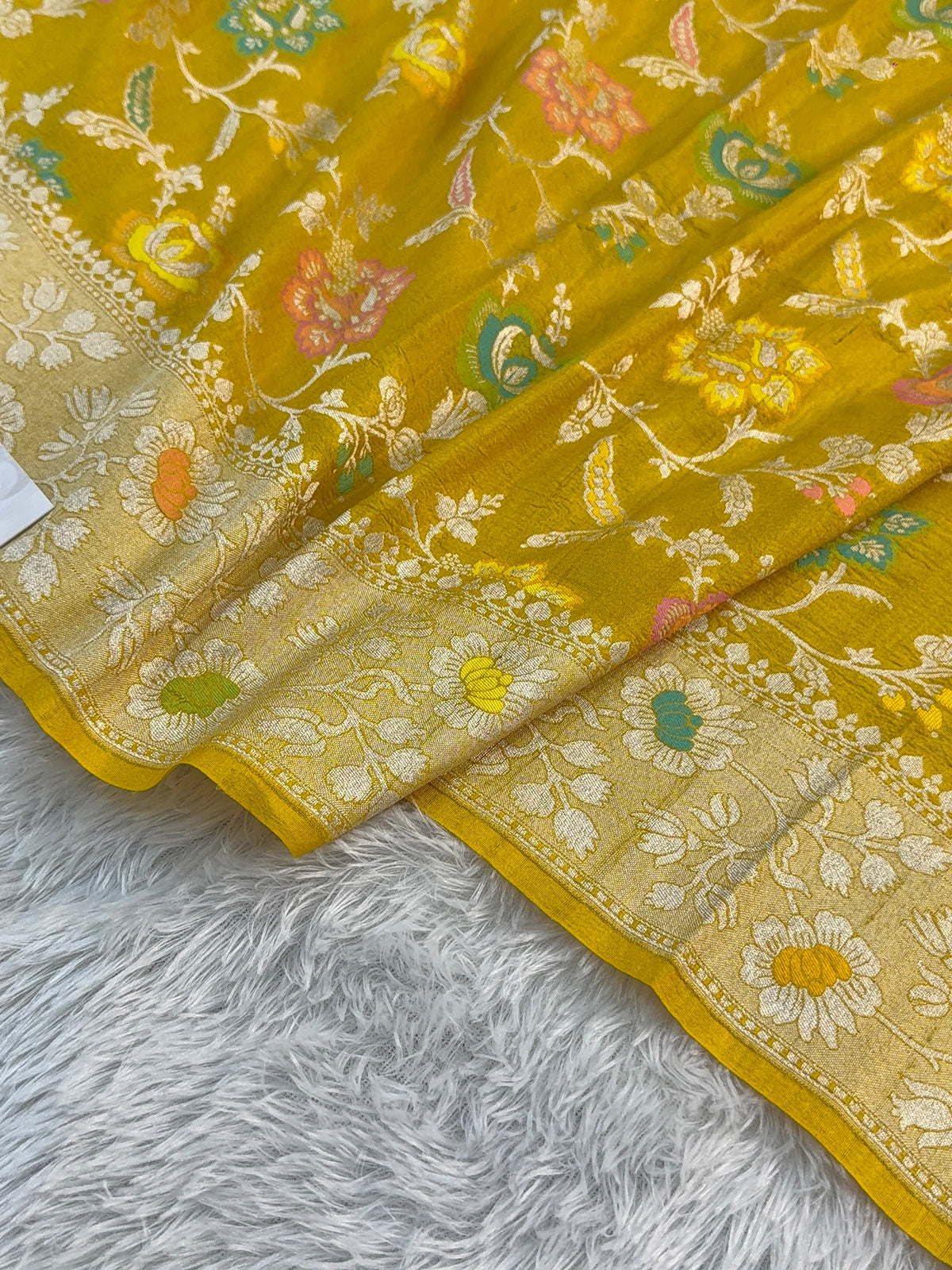 Pure Desi Tussar Silk Saree with Meenakari Floral Jaal Pattern in Yellow Color