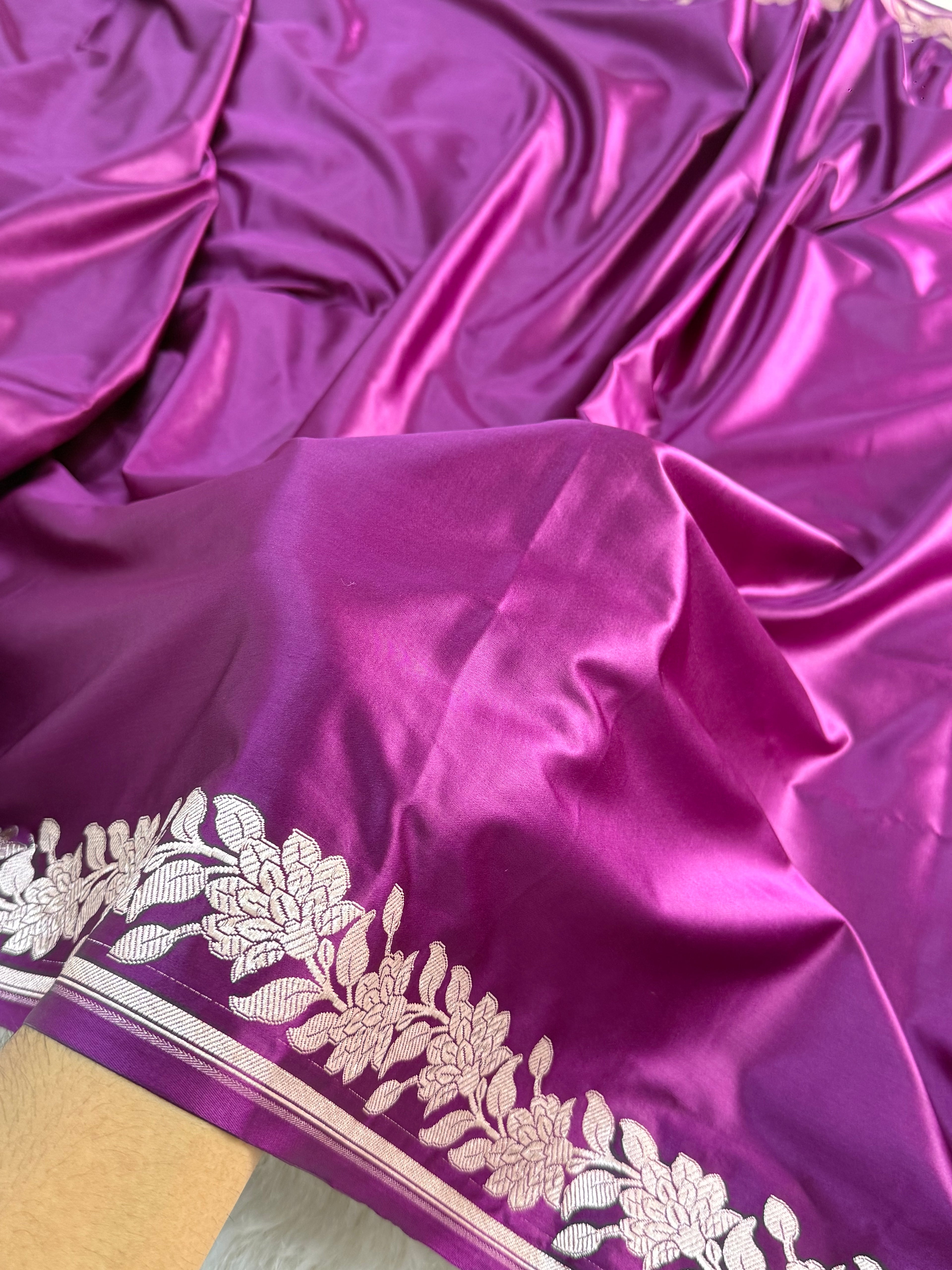 Banarasi Mashru Silk Saree with plain body and floral border Design in Majenta colour