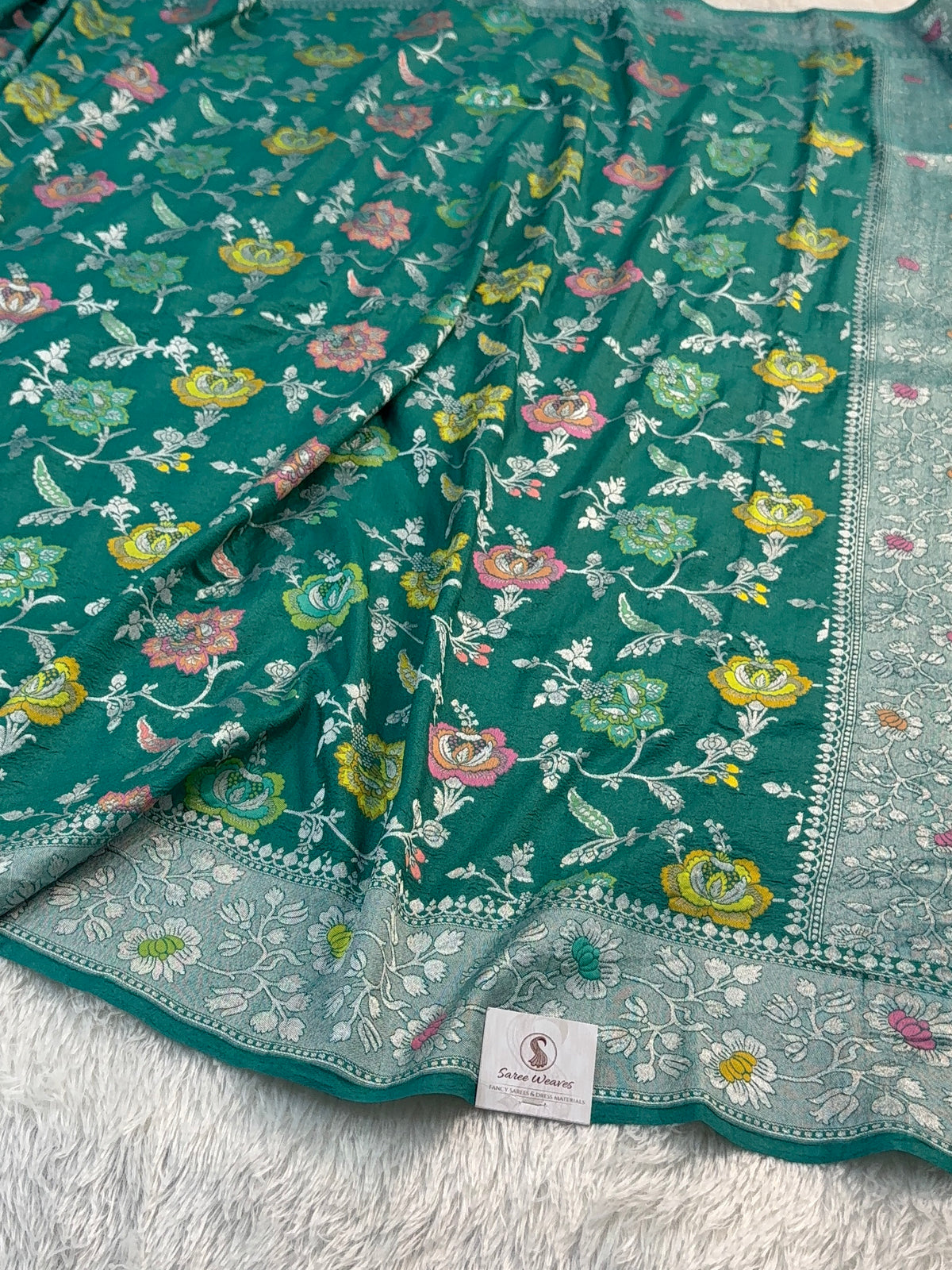 Pure Desi Tussar Silk Saree with Meenakari Floral Jaal Pattern in Sea Green Colour