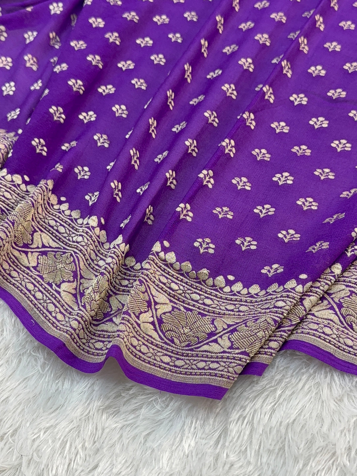 Banarasi Pure Khaddi Chiffon Saree  with Silver Zari Work with Small Motifs Pattern Design in Deep Violet Colour