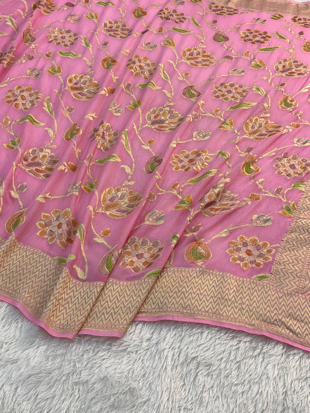 Banarasi Pure Khaddi Chiffon Saree  with Light Gold Zari Work In Floral Jaal Design with Meenakari by handbrush in Light Pink Colour