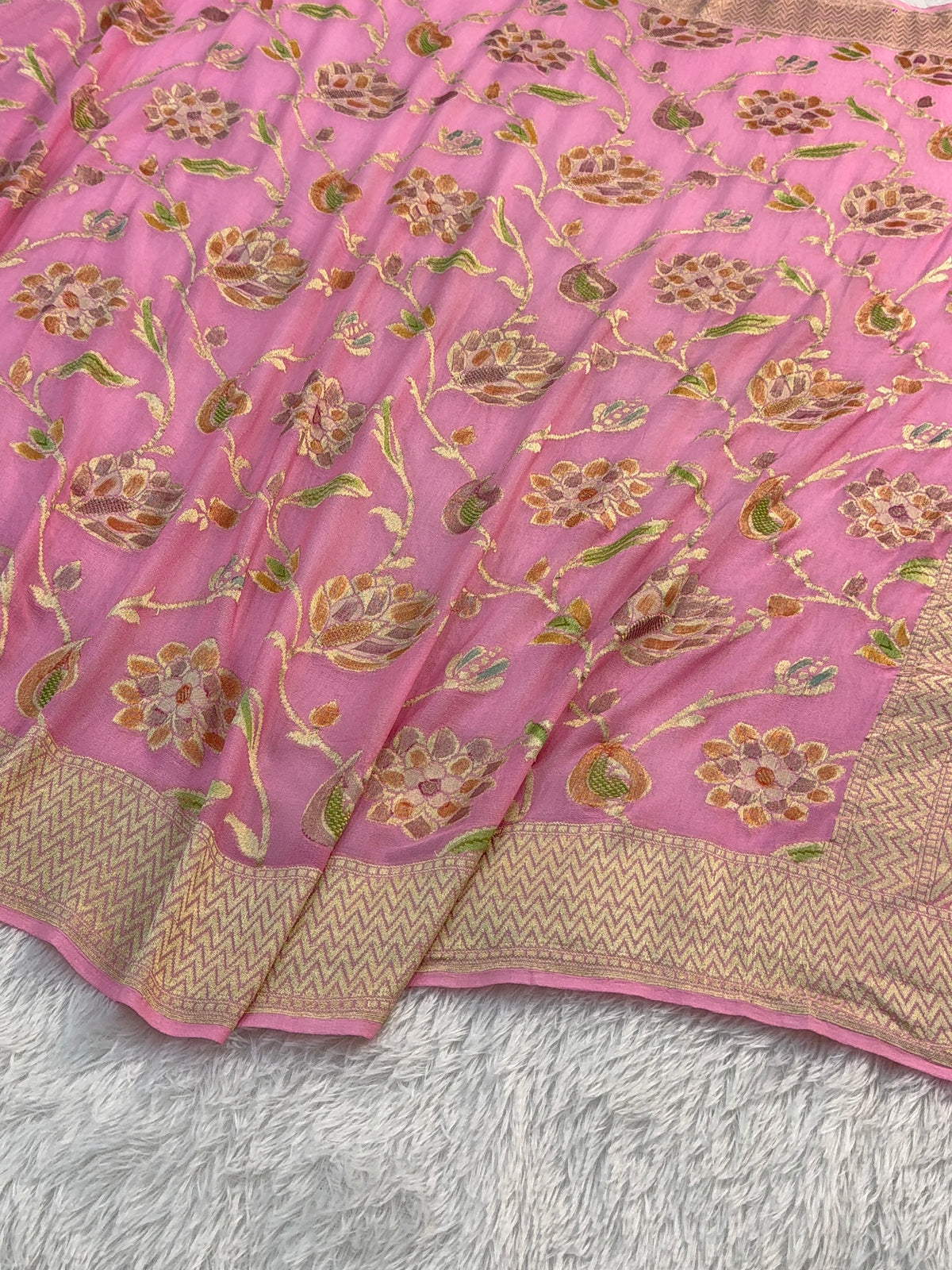 Banarasi Pure Khaddi Chiffon Saree  with Light Gold Zari Work In Floral Jaal Design with Meenakari by handbrush in Light Pink Colour