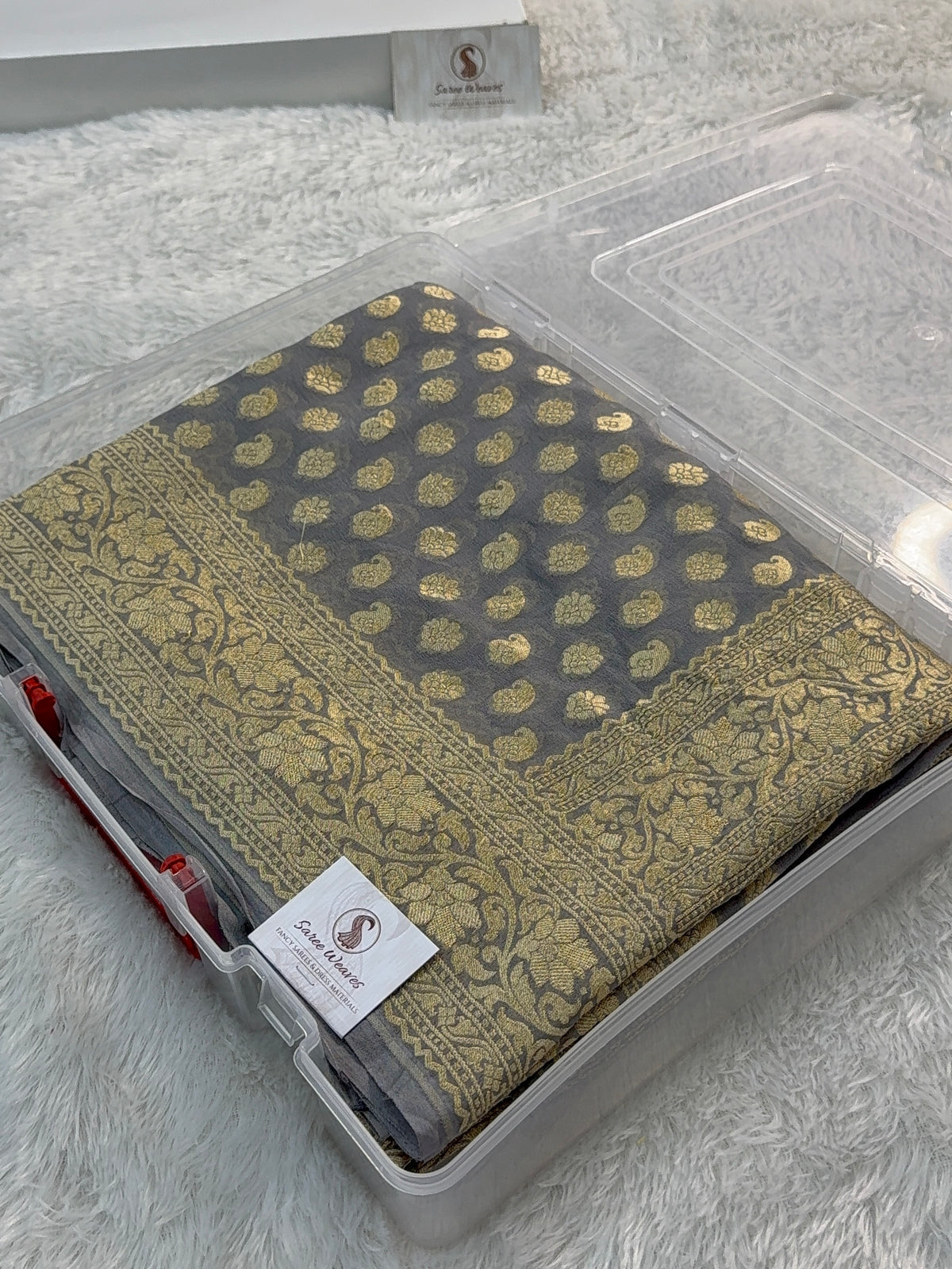 Banarasi Pure Khaddi Shifon Saree in Border And Buti Design in Grey Colour