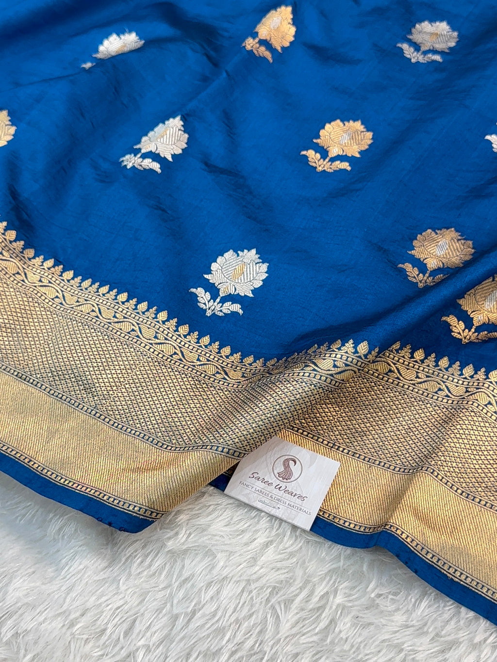 Banarasi Raw Mango Silk Saree in Border and Buta Design in Silver and Gold Zari work in German Blue Color