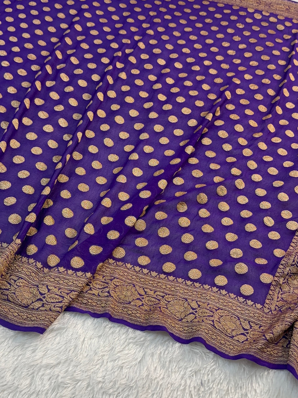 Banarasi Pure Khaddi Chiffon Saree  with Antique Zari Work In Small Circle Motifs Design in Deep Violet Colour