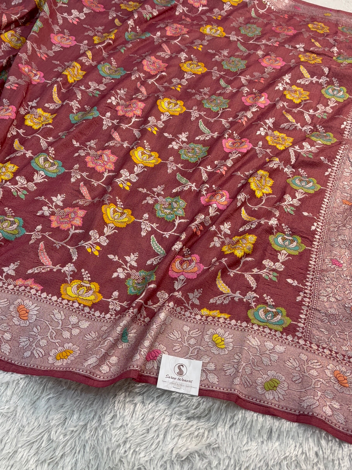 Pure Desi Tussar Silk Saree with Meenakari Floral Jaal Pattern in Wine Colour