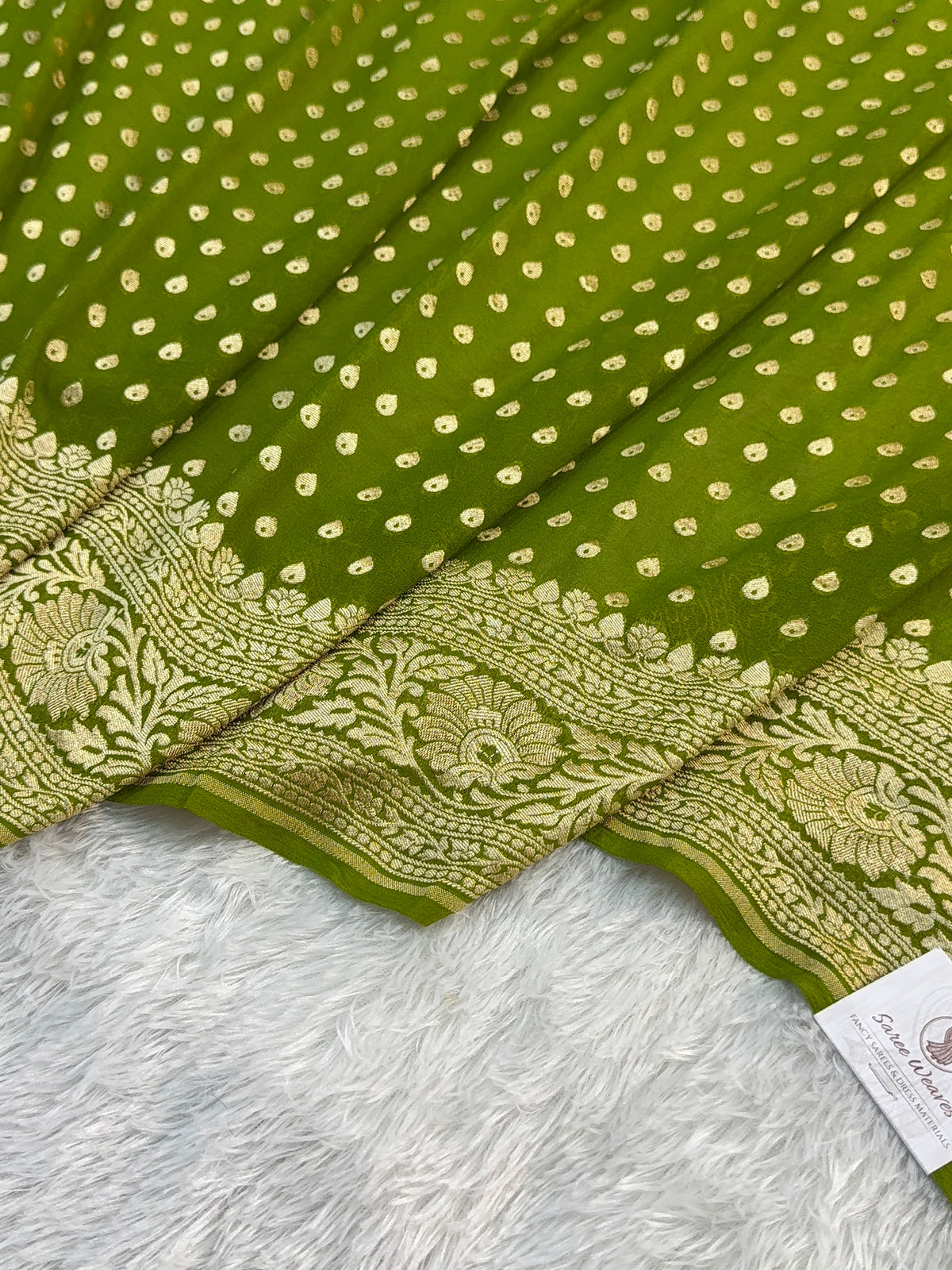 Banarasi Pure Khaddi Chiffon Saree in Border and Buti Design in Mango Green Colour