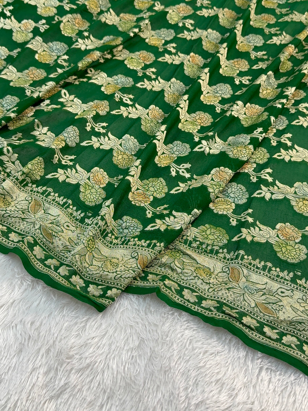 Banarasi Pure Khaddi Chiffon Saree  with Light Gold Zari Work In Floral Jaal Design with Meenakari by Handbrush in Dark Green Colour