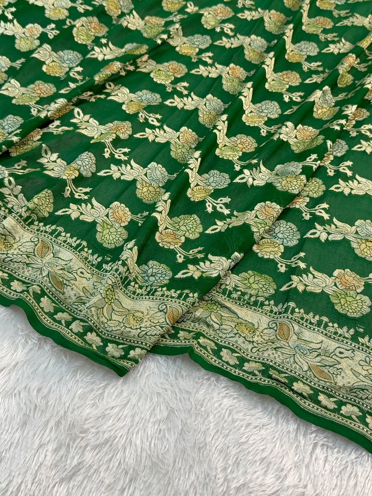 Banarasi Pure Khaddi Chiffon Saree  with Light Gold Zari Work In Floral Jaal Design with Meenakari by Handbrush in Dark Green Colour