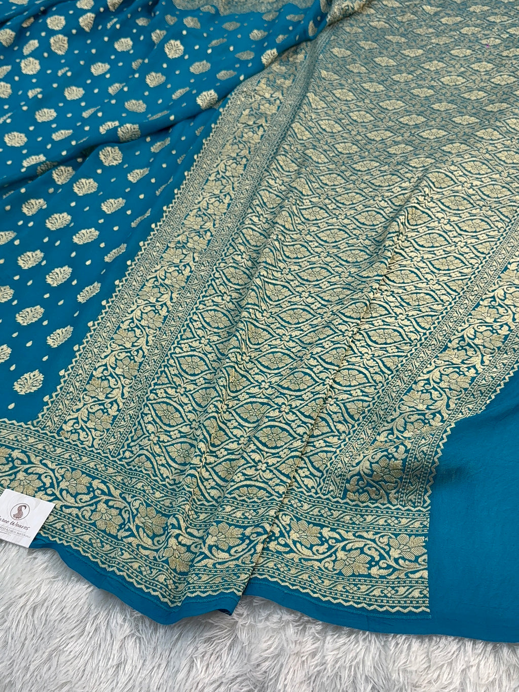 Banarasi Pure Khaddi Chiffon Saree in Buta and Buti Design in Peacock Blue Colour