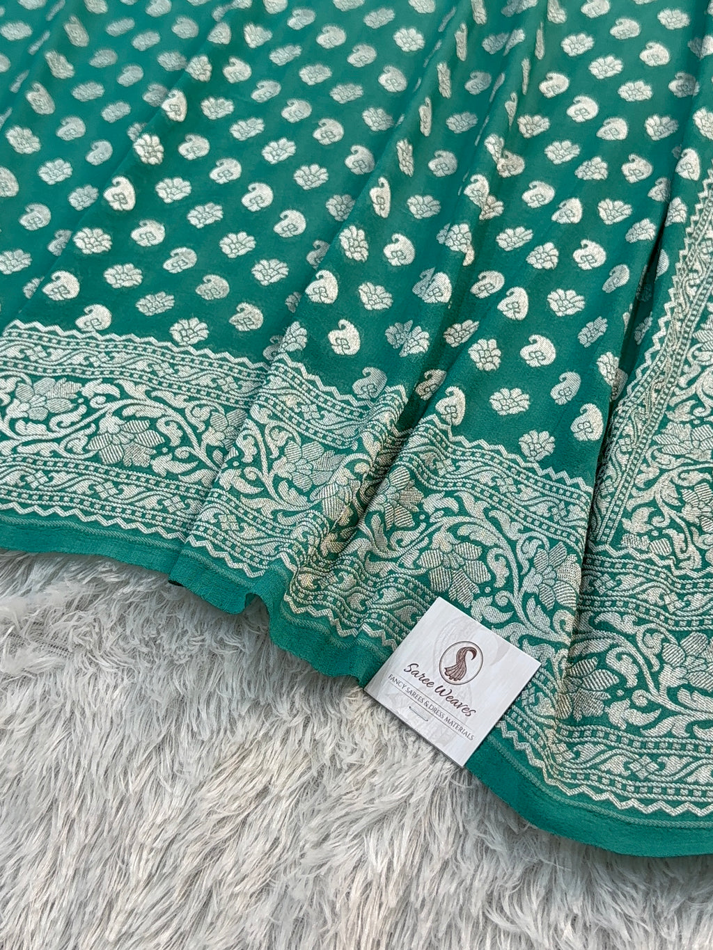 Banarasi Pure Khaddi Chiffon Saree in Border And Buti Design in Sea Green Colour