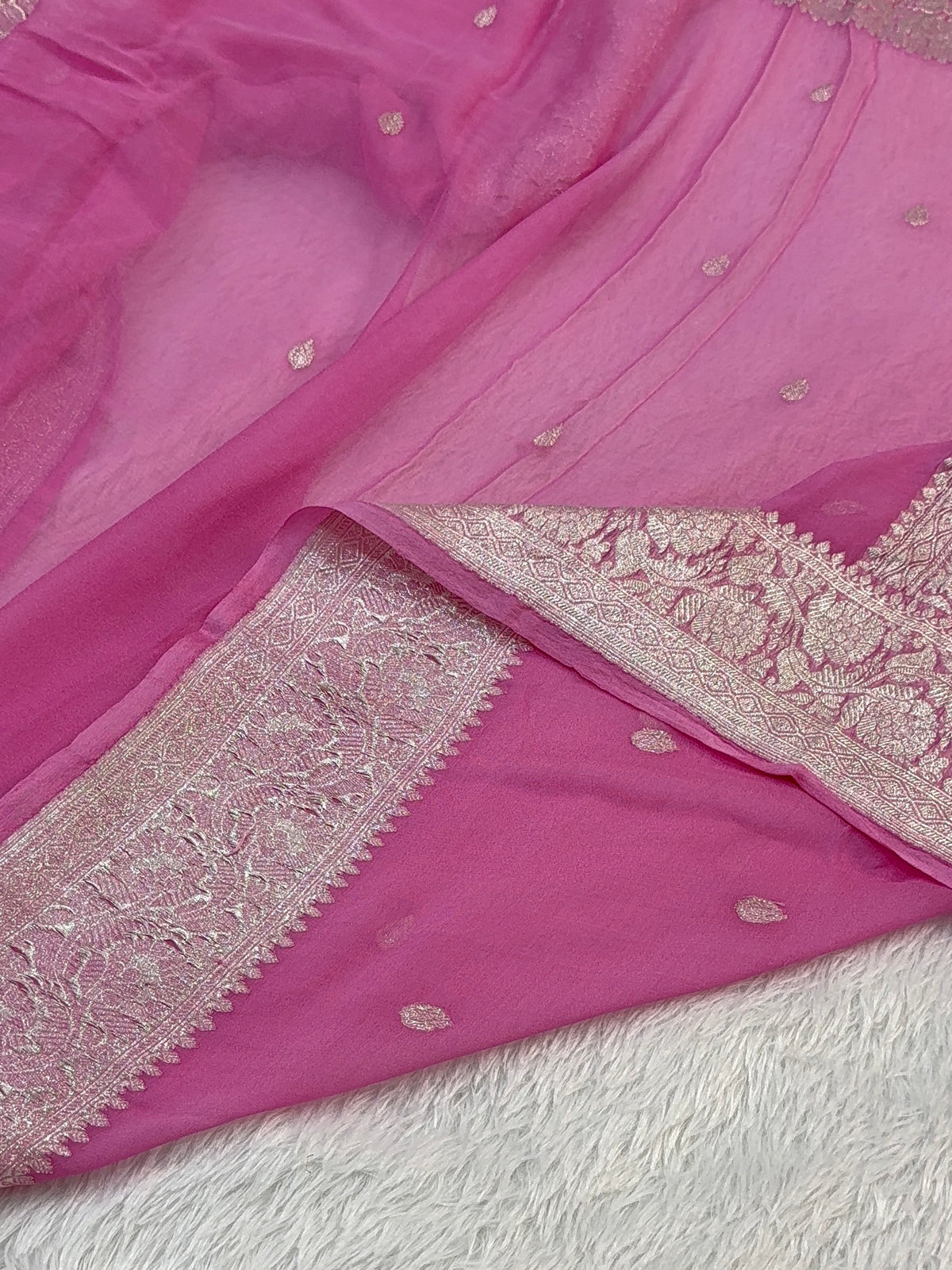 Banarasi Pure Khaddi Chiffon Saree  in Silver Zari with Small Interlocked Motifs Design in Pink Colour
