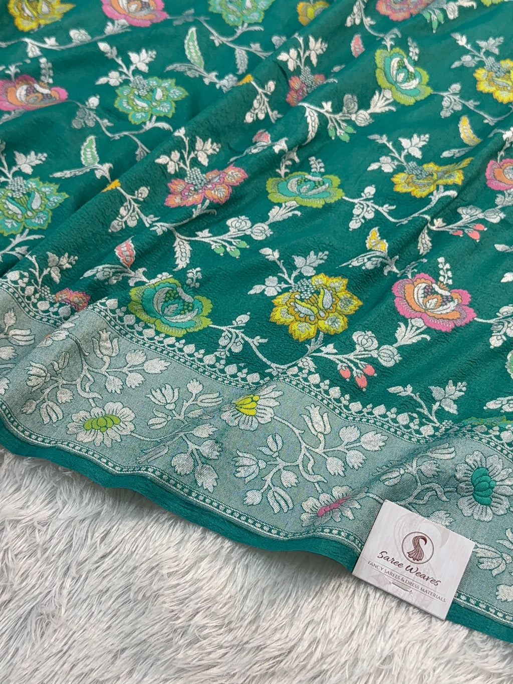 Pure Desi Tussar Silk Saree with Meenakari Floral Jaal Pattern in Sea Green Colour
