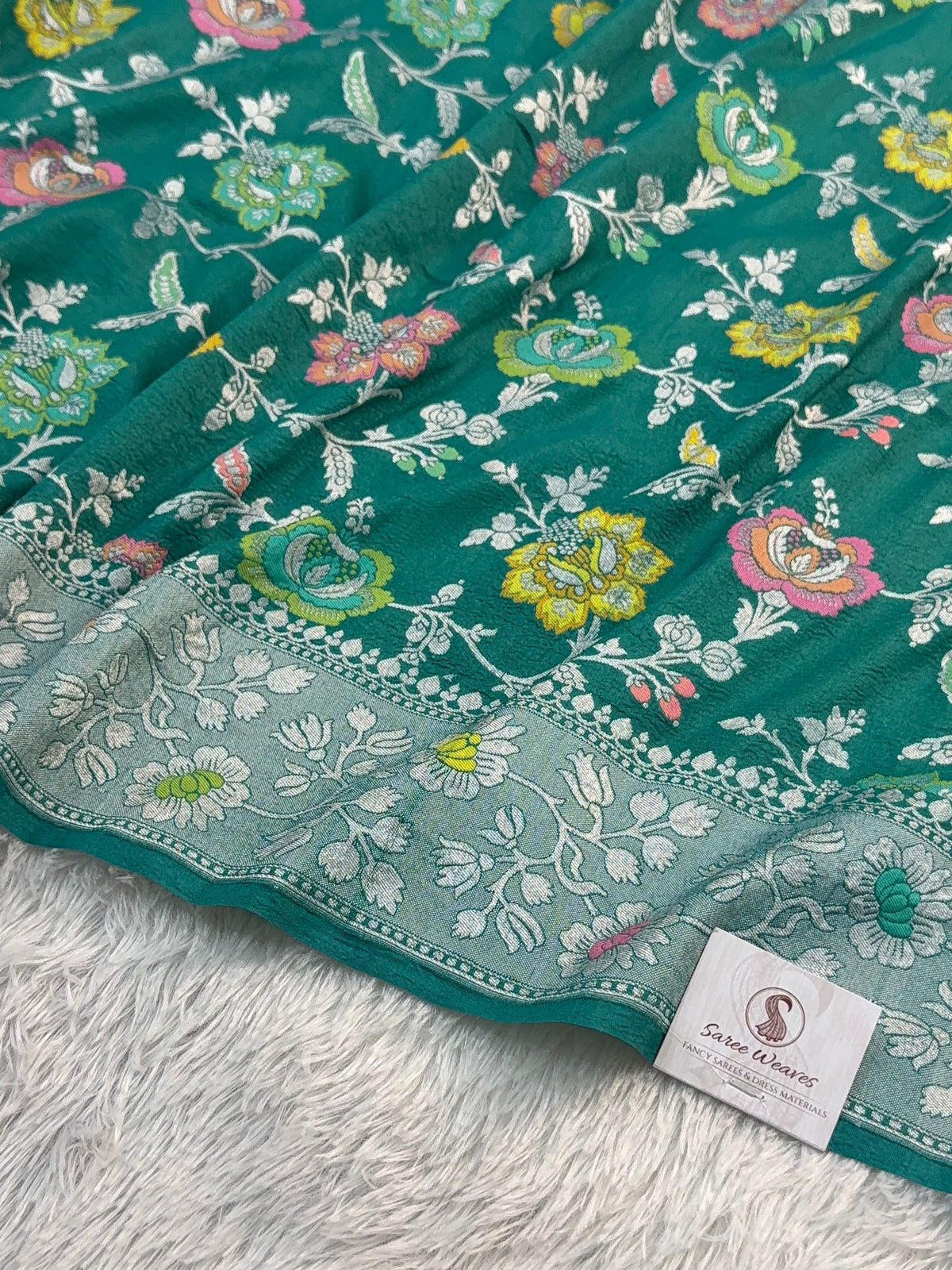 Pure Desi Tussar Silk Saree with Meenakari Floral Jaal Pattern in Sea Green Colour