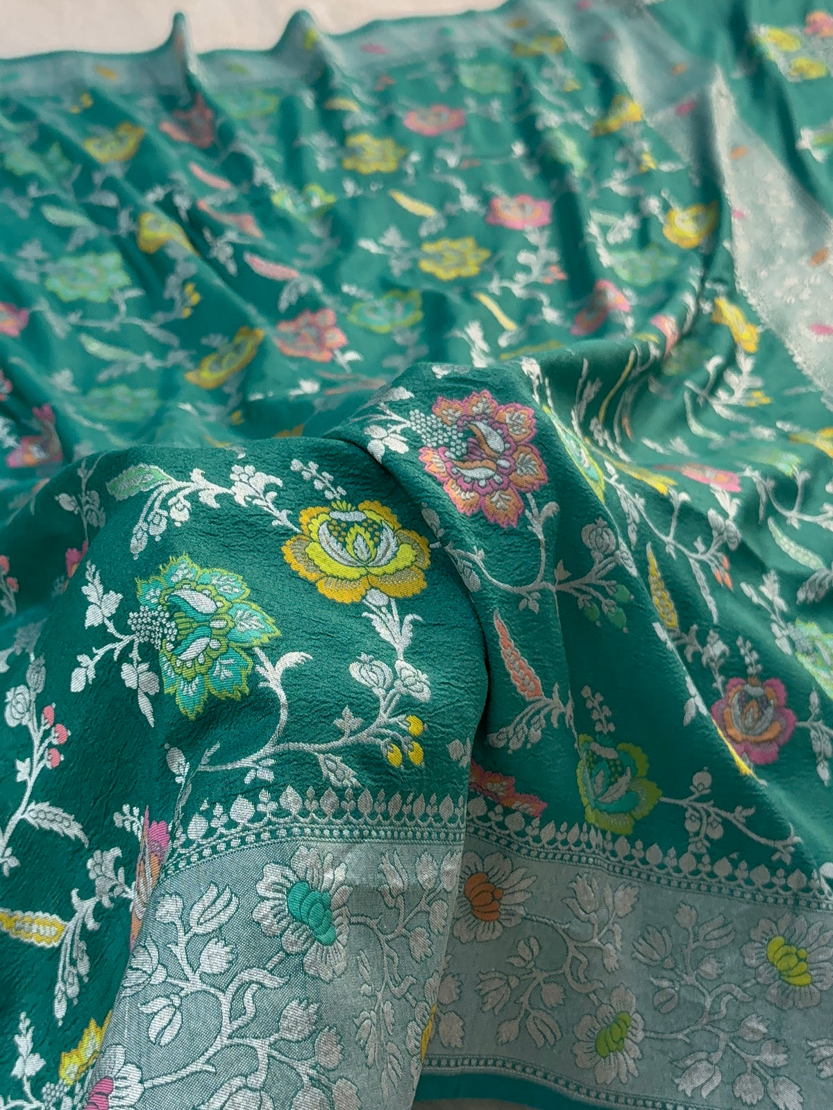 Pure Desi Tussar Silk Saree with Meenakari Floral Jaal Pattern in Sea Green Colour